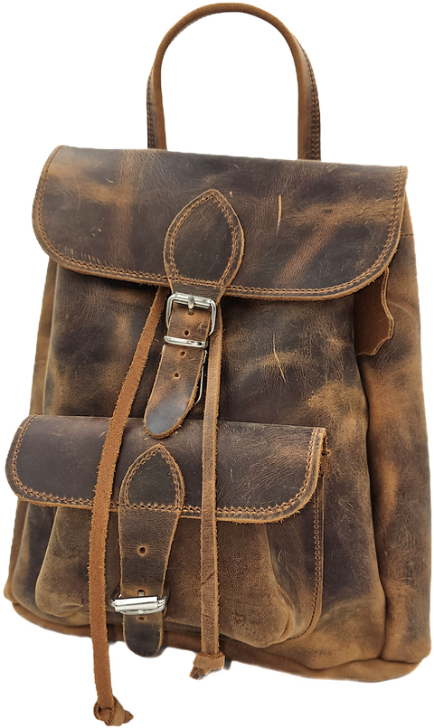 Brown crazy horse leather backpack from oil tanned leather and front locker pocket