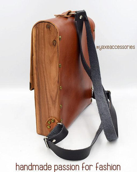 Leather and olive wood backpack bag