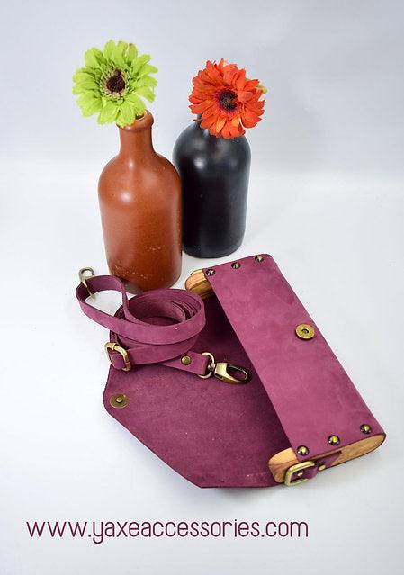 Purple small clutch women bag from leather and wood