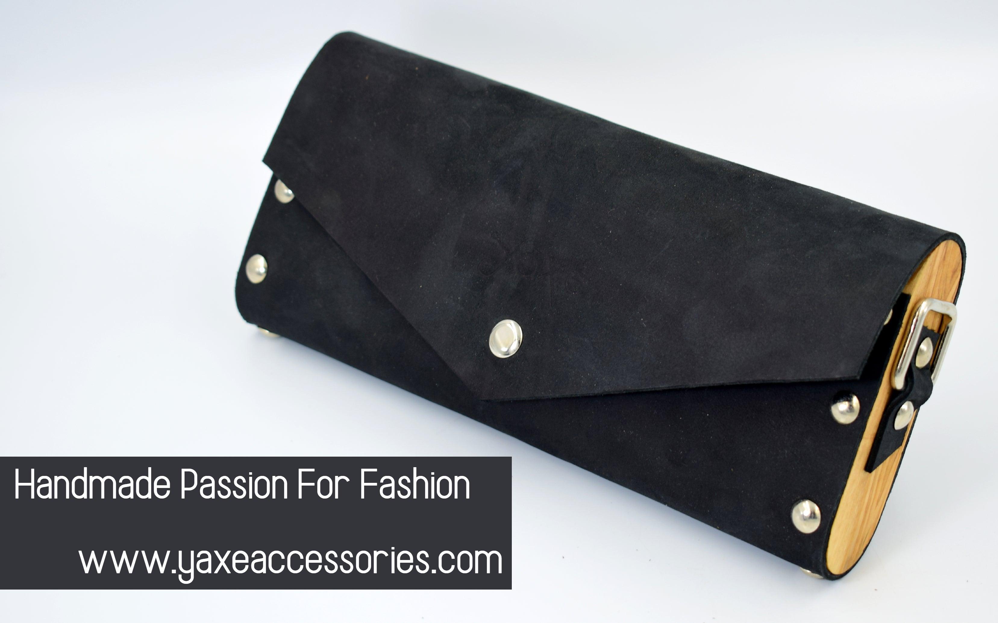 Black small clutch women bag from leather and wood