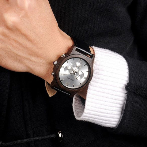 Men's luxury watch from ebony wood and genuine leather strap