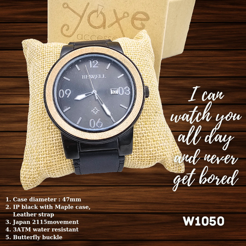Men's maple case wooden watch with genuine leather strap