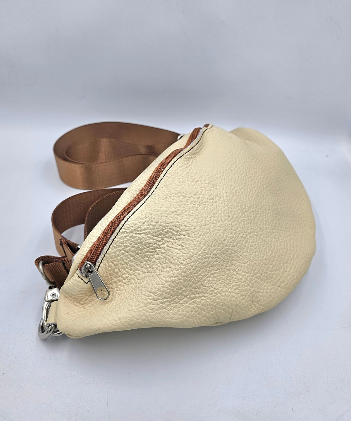 Beige color cream leather waist bag - Unisex leather fanny pack