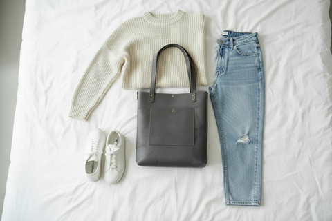 Gray leather shopping tote women's bag - Handmade bags & jewelry Bags