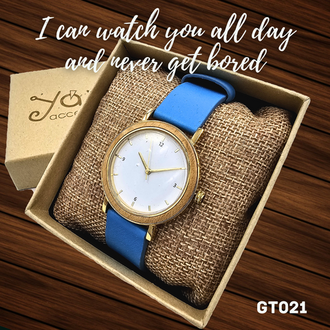 Women's wooden blue elegant watch