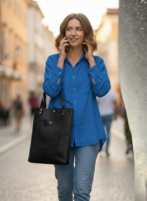 Black vachetta leather shopping tote women bag - Handmade bags & jewelry Bags