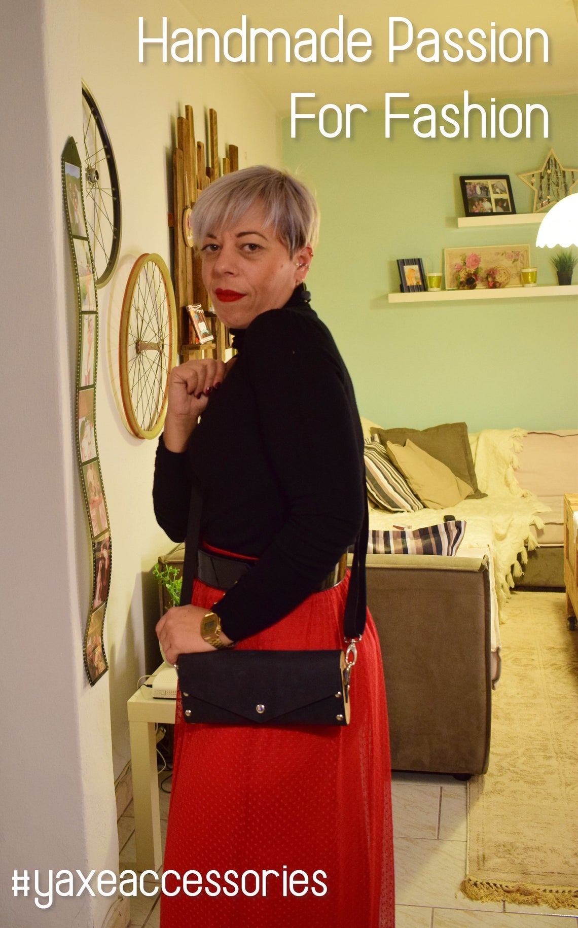 Black small clutch women bag from nubuck leather and wood - Handmade bags & jewelry Bags