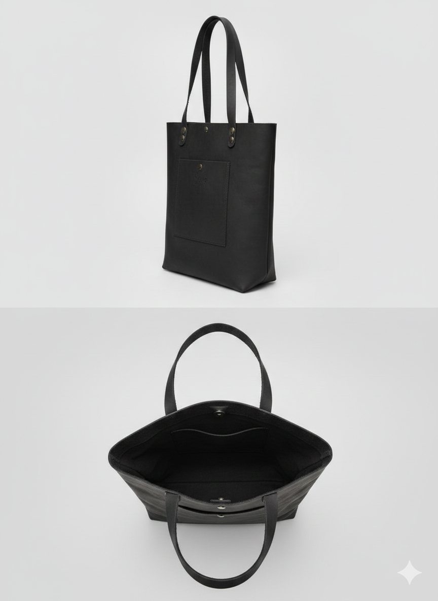 Black vachetta leather shopping tote women bag