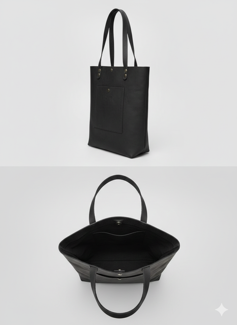 Black vachetta leather shopping tote women bag - Handmade bags & jewelry Bags