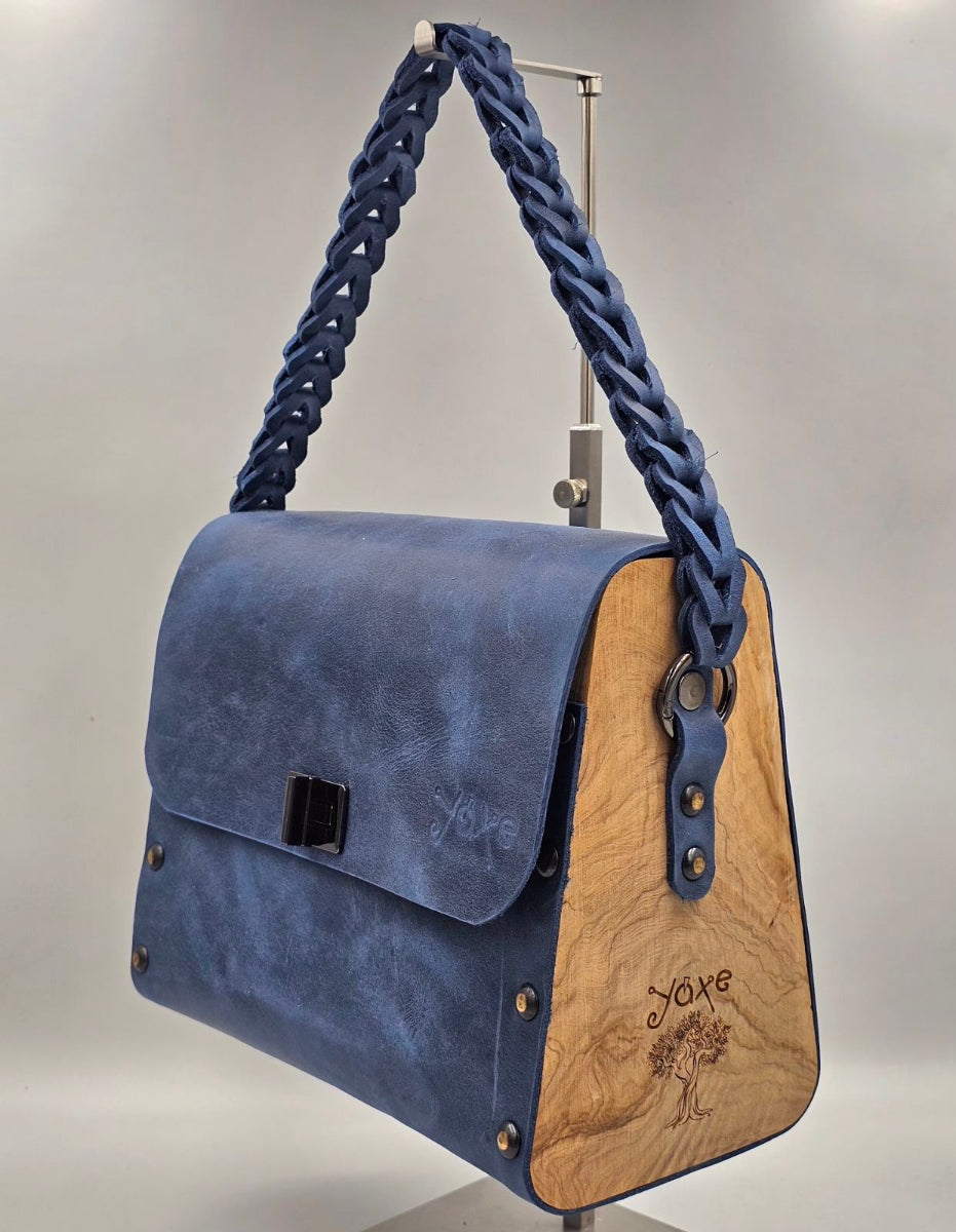 Blue oil leather top handle bag and olive treee wood - Handmade bags & jewelry