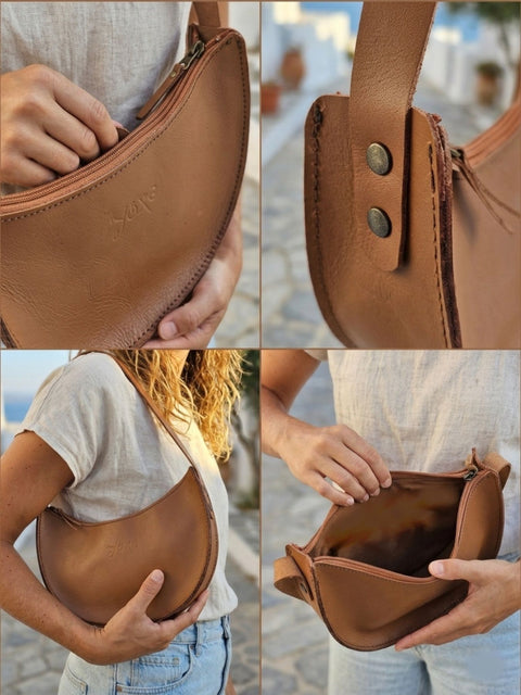 Handmade Whisky Brown Leather Half-Moon Bag – Boho-Chic Accessory