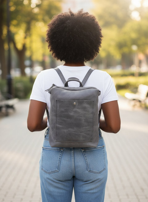 Gray Oil-Tanned Leather Square Backpack – Handmade in Thassos - Handmade bags & jewelry Bags