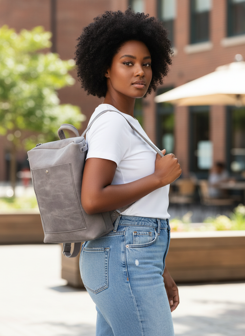 Gray Oil-Tanned Leather Square Backpack – Handmade in Thassos
