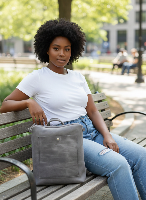 Gray Oil-Tanned Leather Square Backpack – Handmade in Thassos