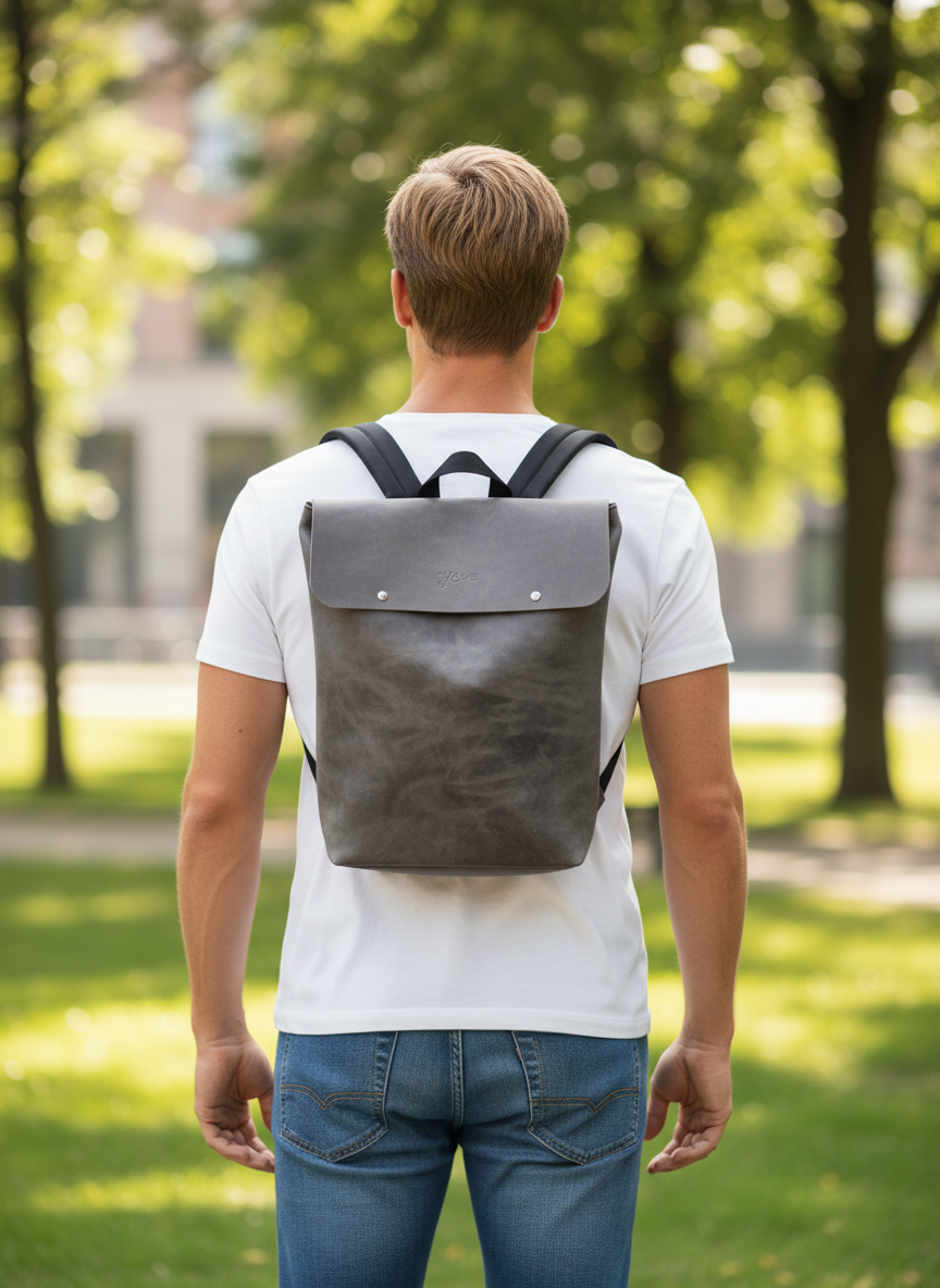 Gray Unisex Leather Laptop Everyday Backpack