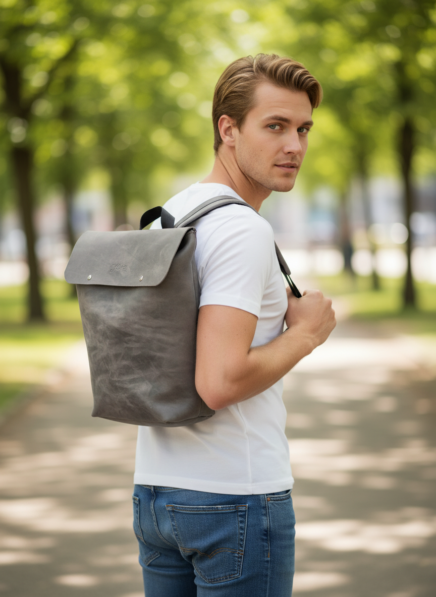 Gray Unisex Leather Laptop Everyday Backpack