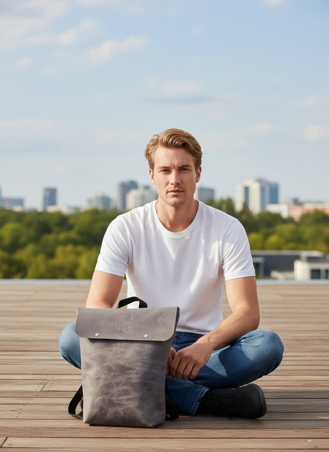 Gray Unisex Leather Laptop Everyday Backpack - Handmade bags & jewelry Bags