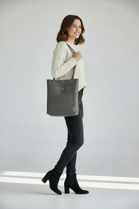 Gray leather shopping tote women's bag - Handmade bags & jewelry Bags