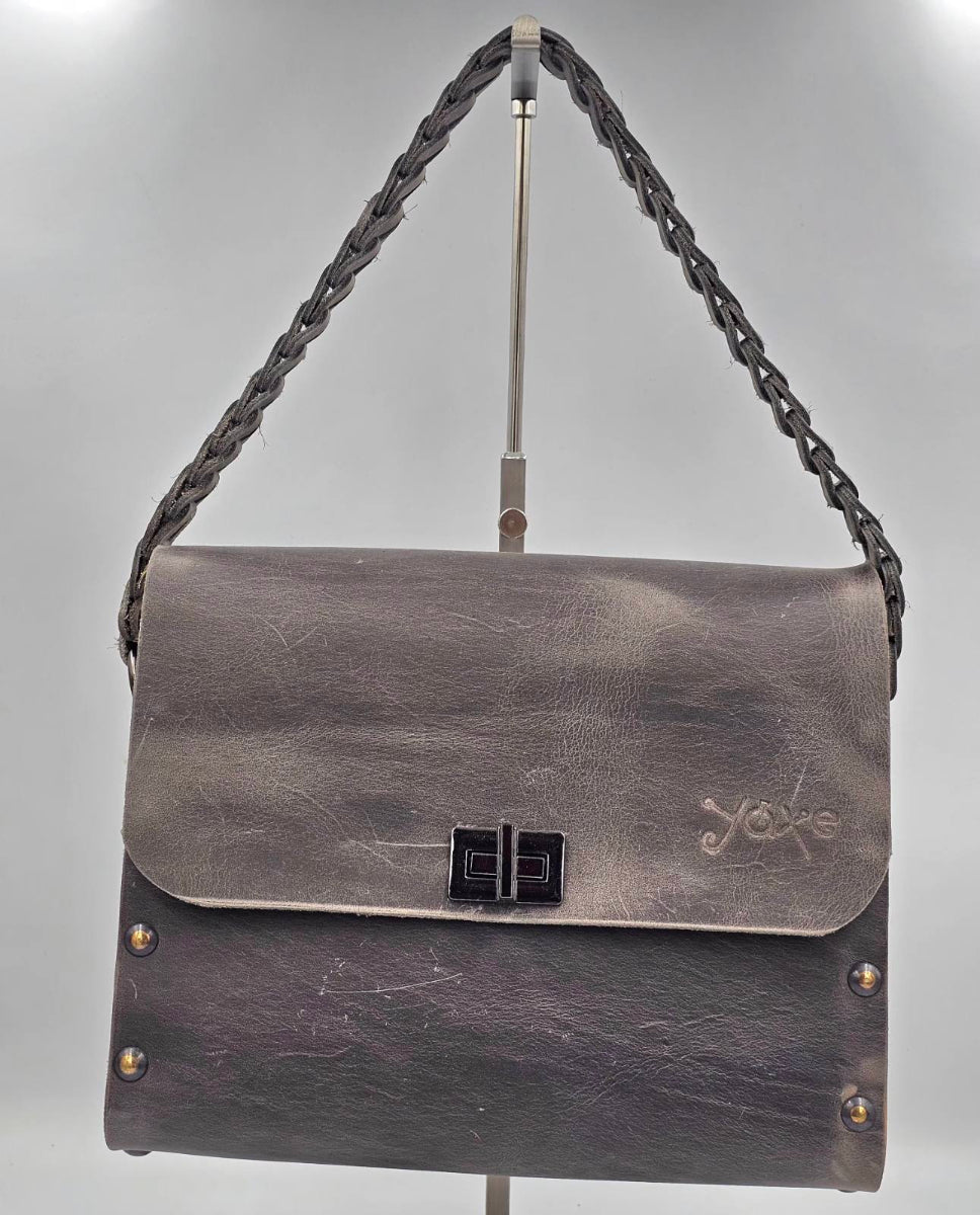 Gray oil tanned leather top handle bag with olive treee wood - Handmade bags & jewelry