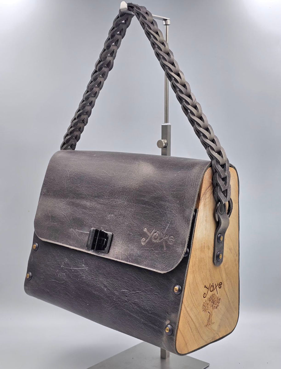 Gray oil tanned leather top handle bag with olive treee wood - Handmade bags & jewelry