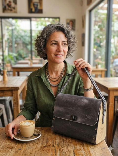 Gray oil tanned leather top handle bag with olive treee wood