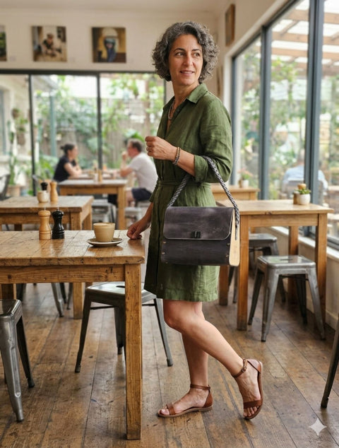 Gray oil tanned leather top handle bag with olive treee wood