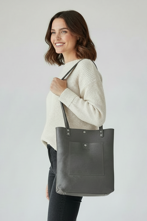 Gray leather shopping tote women's bag