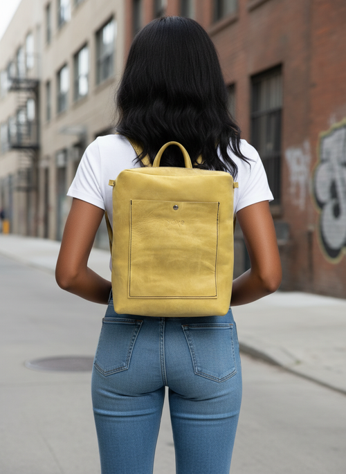 Handcrafted Square Leather Backpack – Yellow Oil-Tanned Edition