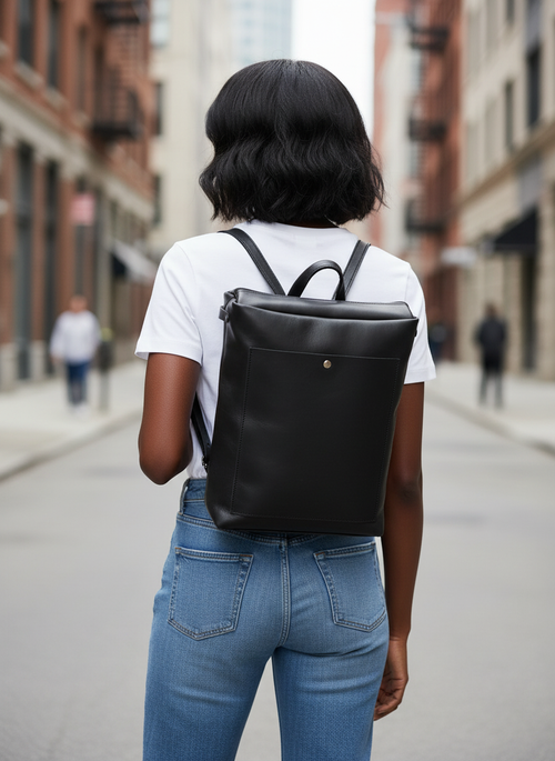 Handmade Black Square Leather Backpack