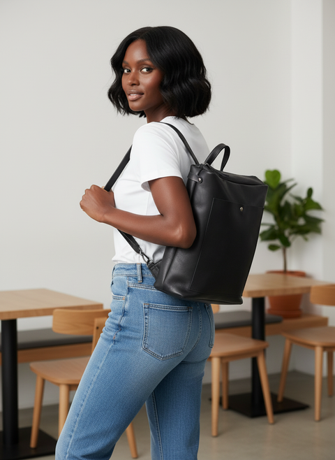 Handmade Black Square Leather Backpack - Handmade bags & jewelry Bags