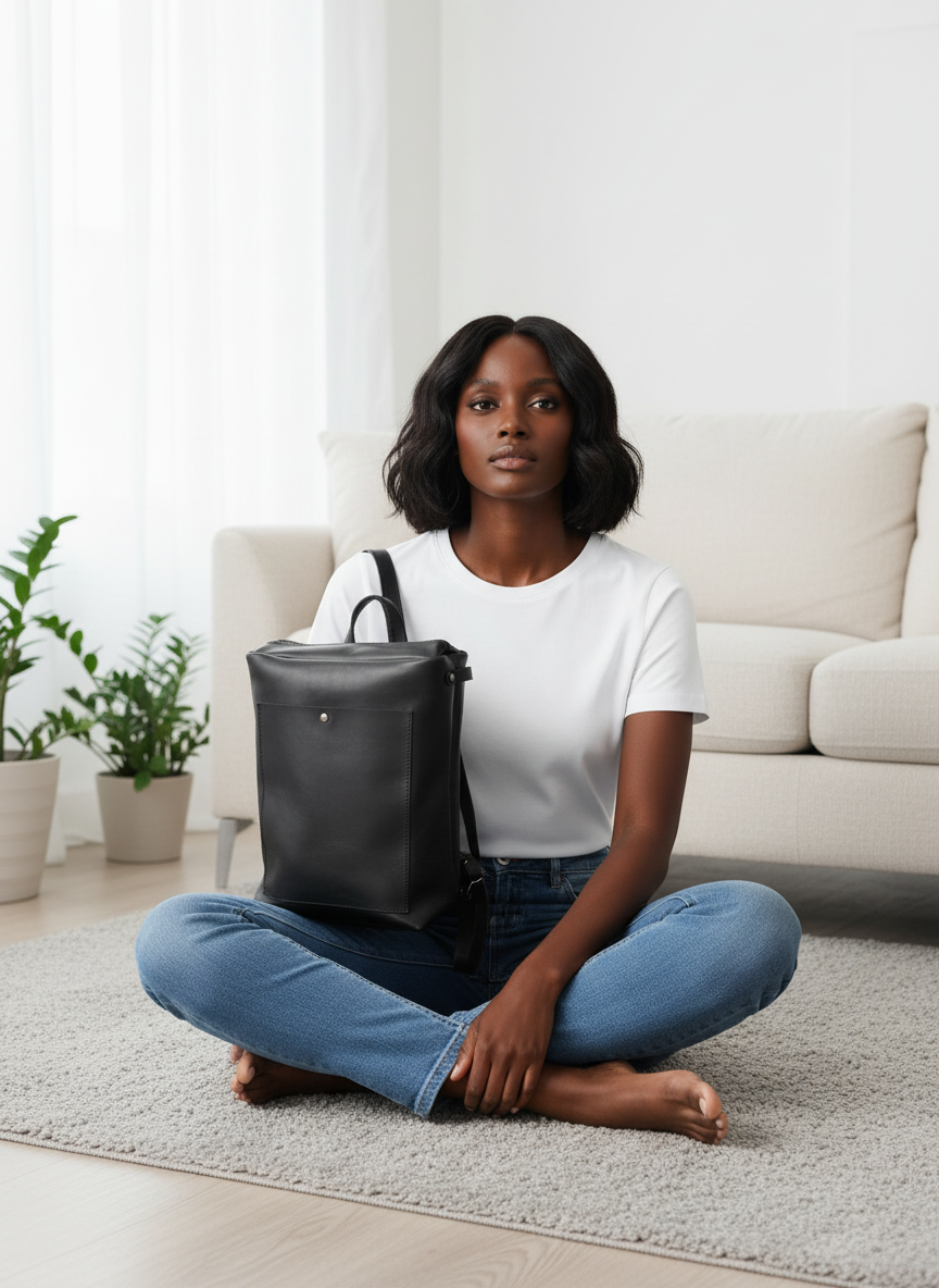 Handmade Black Square Leather Backpack