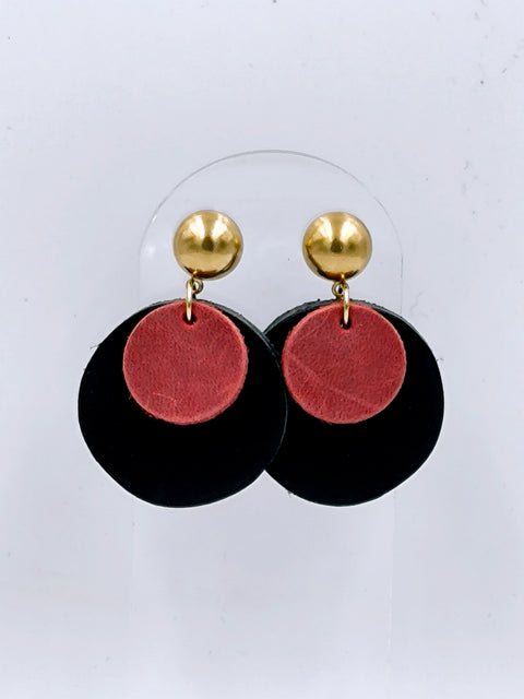 Two circles long leather earrings