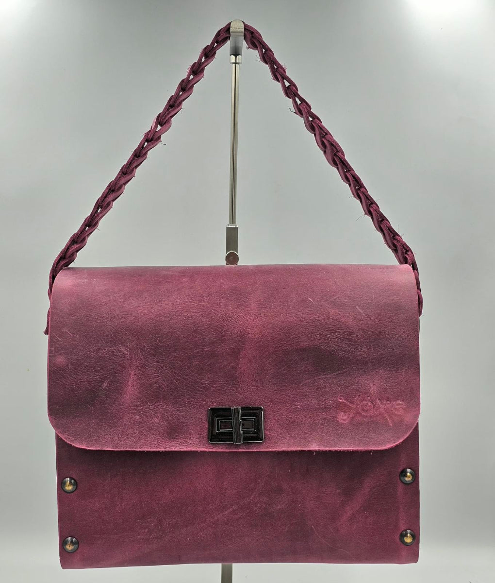 Magenta oil tanned leather top handle bag with olive treee wood - Handmade bags & jewelry