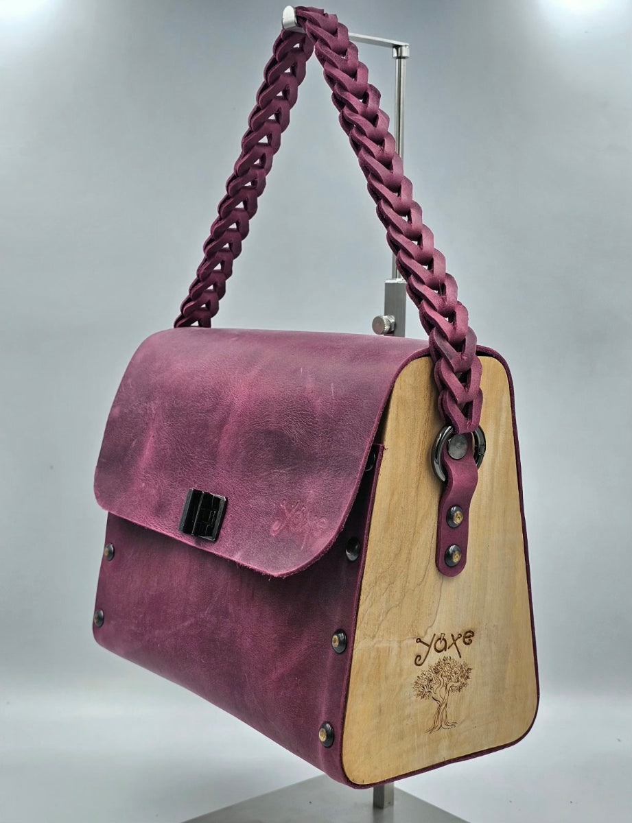Magenta oil tanned leather top handle bag with olive treee wood - Handmade bags & jewelry