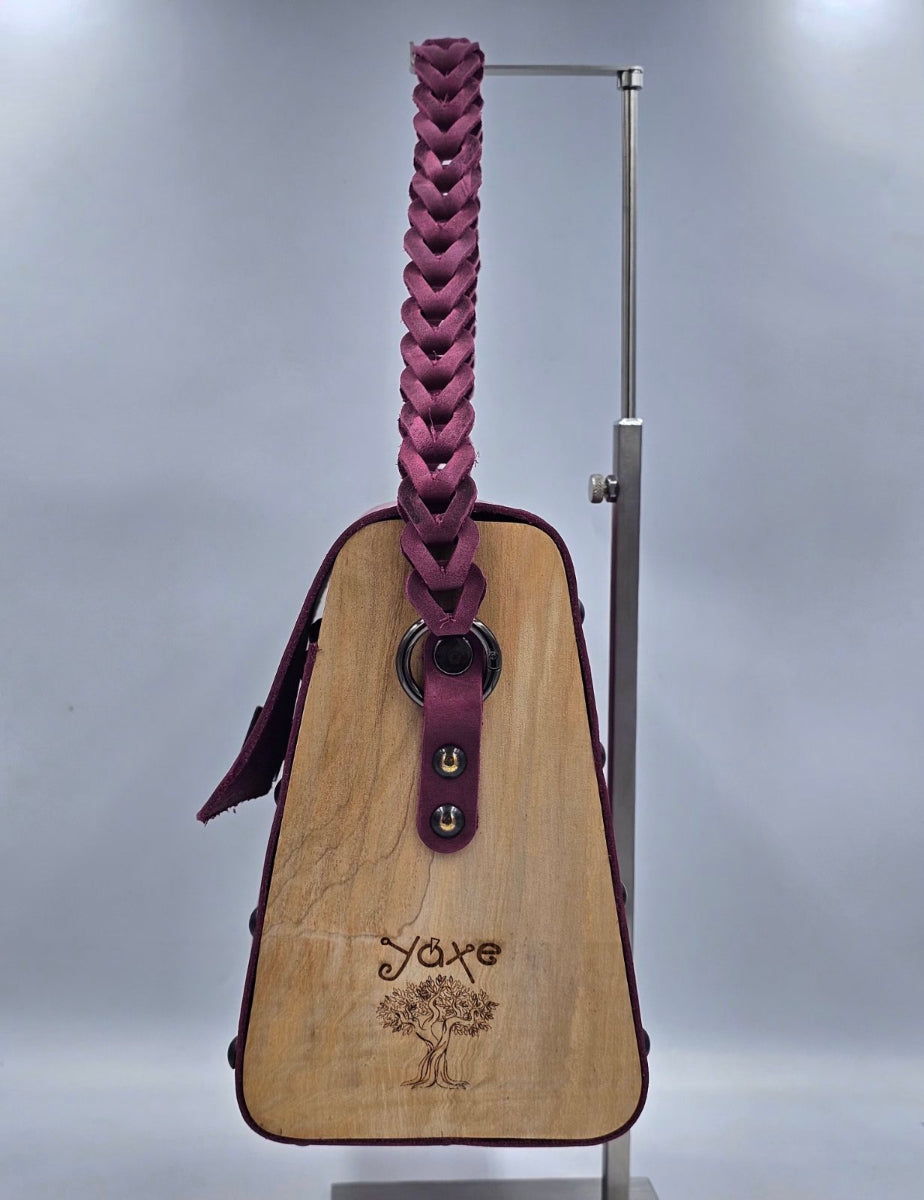 Magenta oil tanned leather top handle bag with olive treee wood - Handmade bags & jewelry