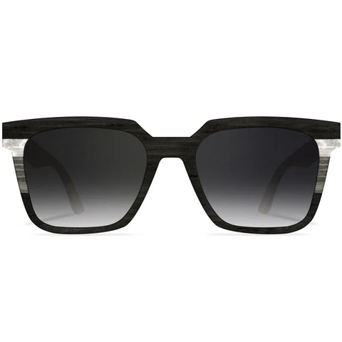 Monk in black & greys wooden sunglasses