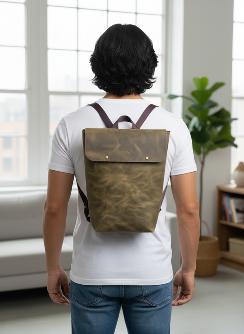 Olive Green Leather Unisex Laptop Backpack – Handcrafted and Sustainable