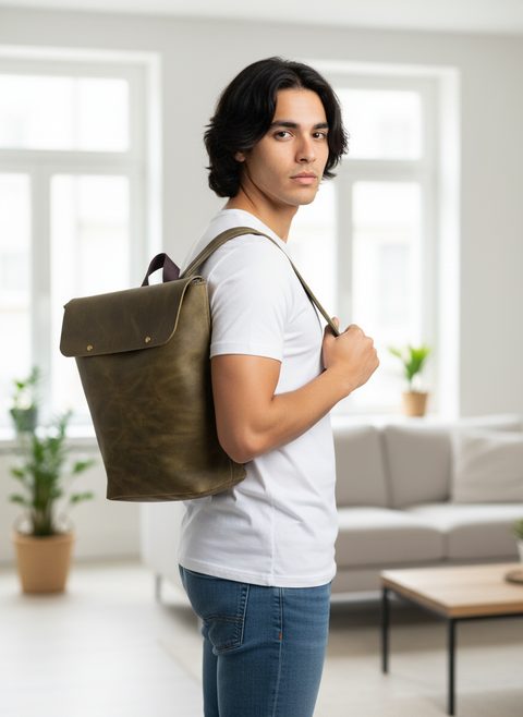 Olive Green Leather Unisex Laptop Backpack – Handcrafted and Sustainable - Handmade bags & jewelry Bags