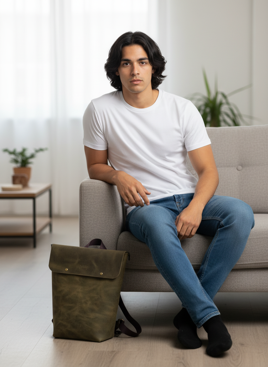 Olive Green Leather Unisex Laptop Backpack – Handcrafted and Sustainable