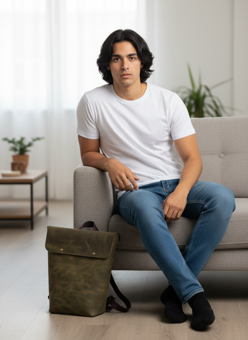 Olive Green Leather Unisex Laptop Backpack – Handcrafted and Sustainable