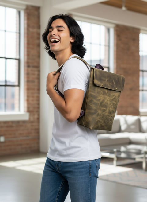 Olive Green Leather Unisex Laptop Backpack – Handcrafted and Sustainable - Handmade bags & jewelry Bags