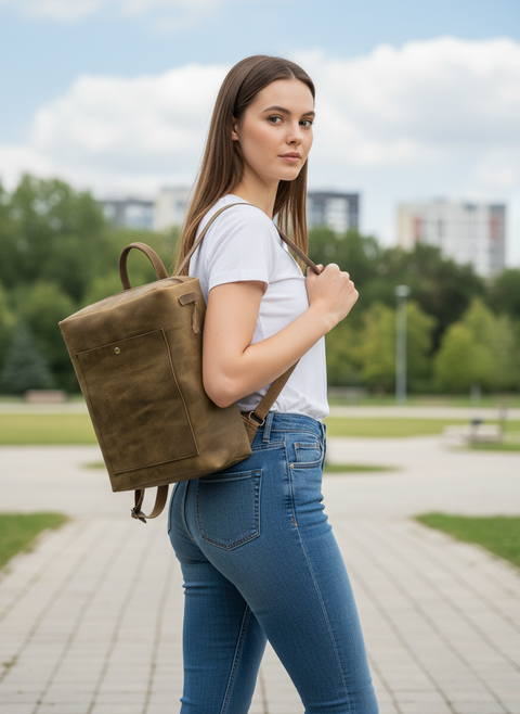 Olive Green Oil-Tanned Leather Square Backpack – Handmade in Thassos - Handmade bags & jewelry Bags