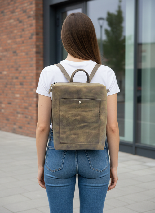 Olive Green Oil-Tanned Leather Square Backpack – Handmade in Thassos