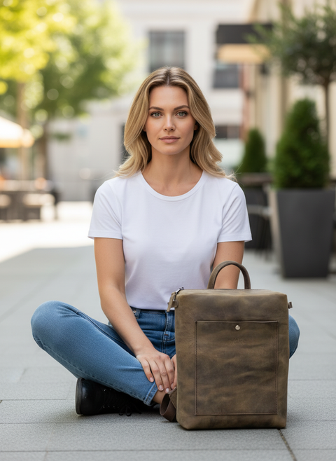 Olive Green Oil-Tanned Leather Square Backpack – Handmade in Thassos - Handmade bags & jewelry Bags