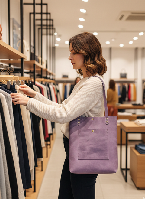 Purple oil tanned leather shopping tote women bag - Handmade bags & jewelry Bags