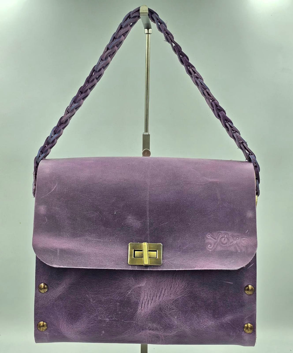 Purple oil leather top handle bag and olive treee wood - Handmade bags & jewelry