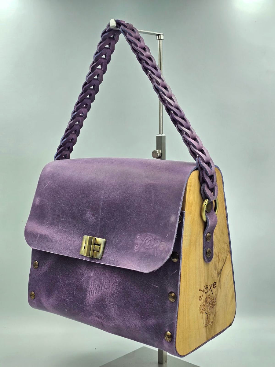 Purple oil leather top handle bag and olive treee wood - Handmade bags & jewelry