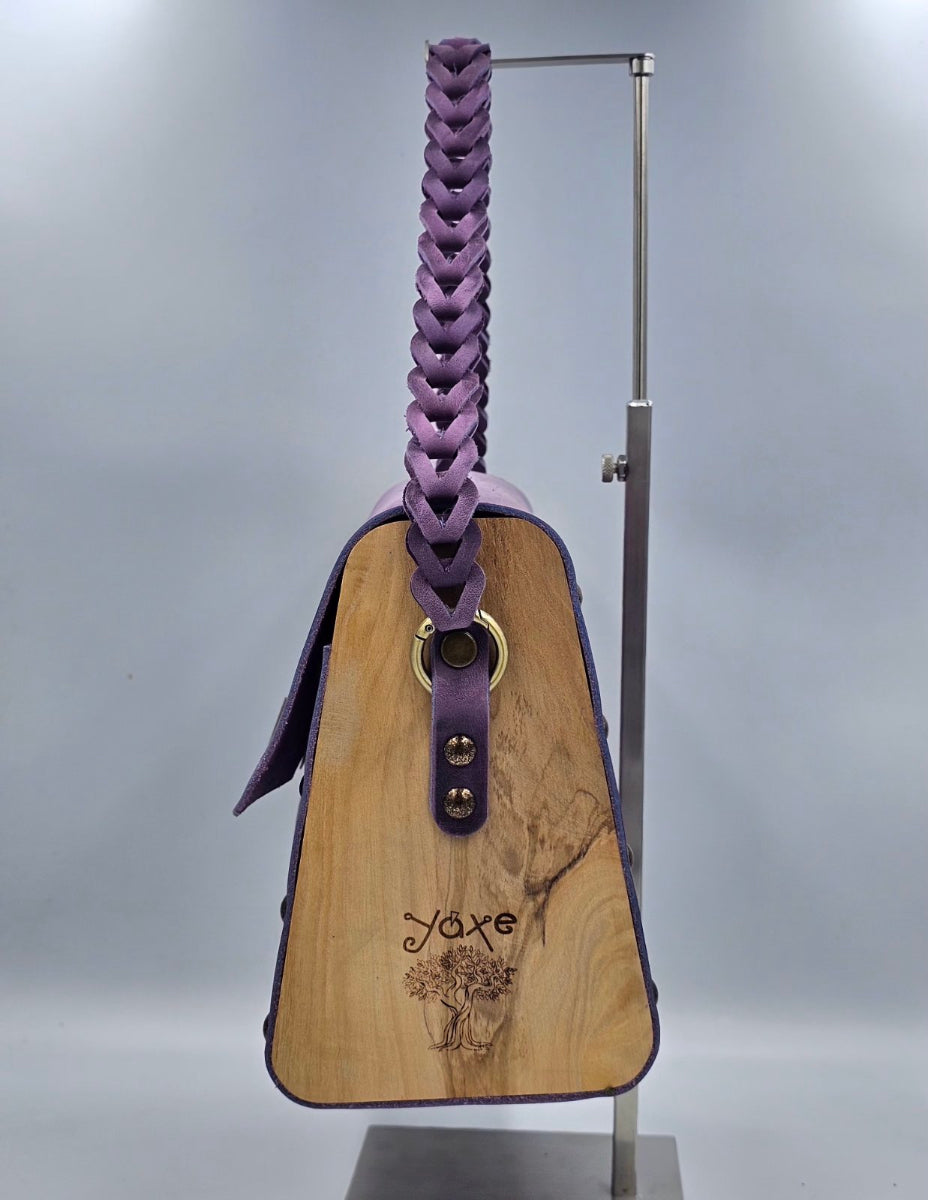 Purple oil leather top handle bag and olive treee wood - Handmade bags & jewelry