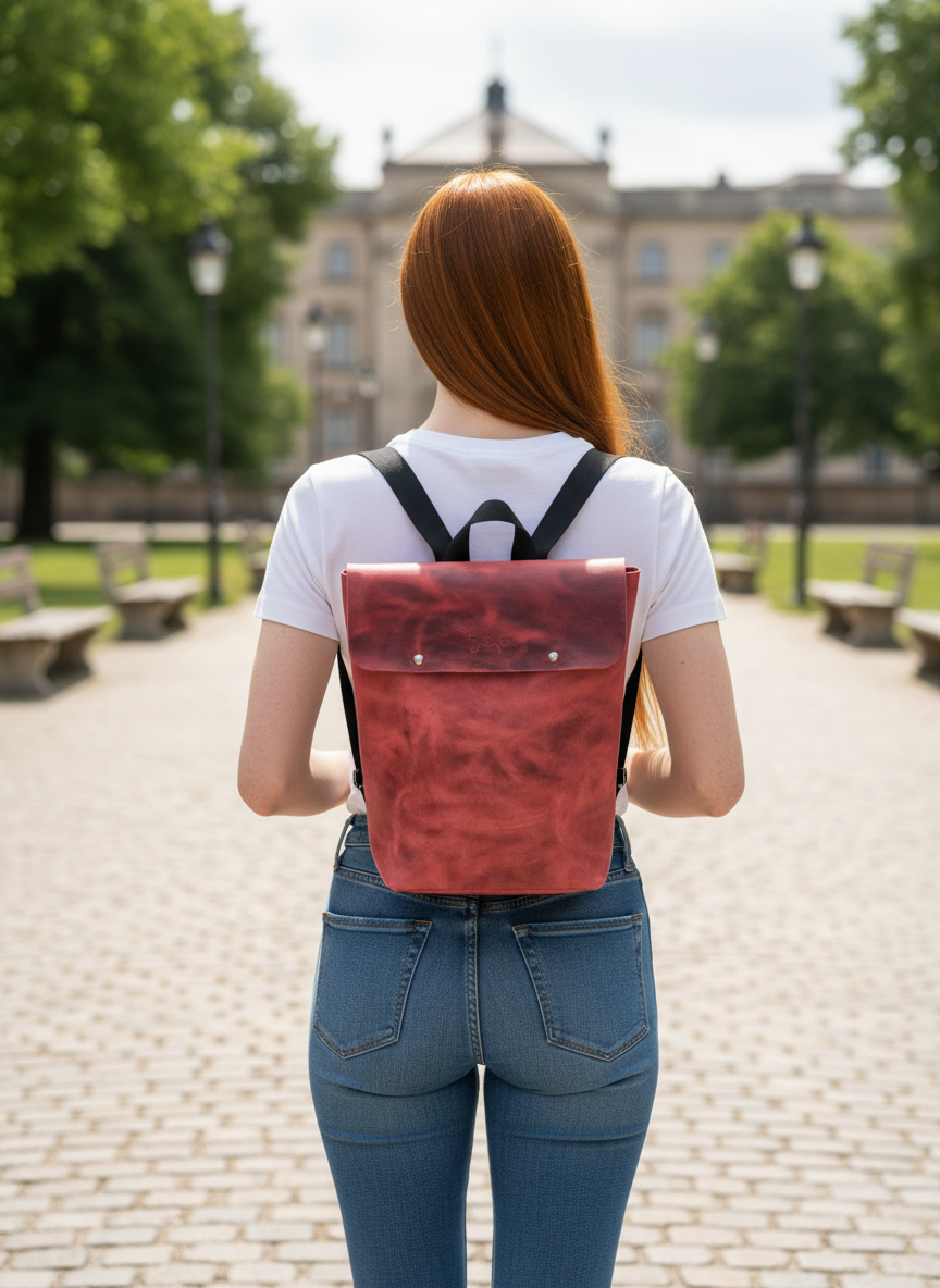 Red Leather Laptop Everyday Unisex Backpack