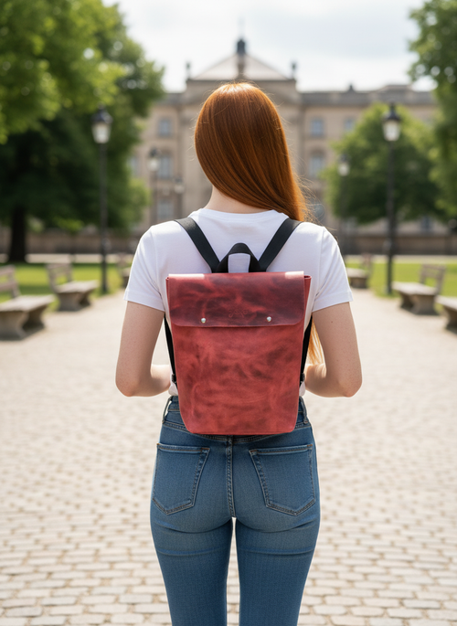 Red Leather Laptop Everyday Unisex Backpack